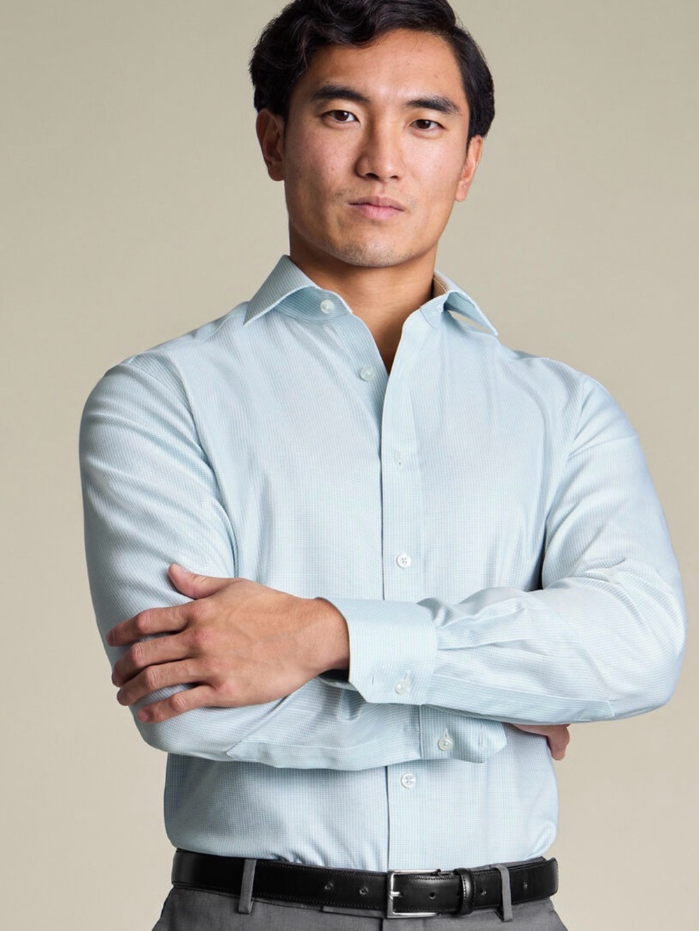 Aqua Green Non-Iron Stretch Greenwich - Weave Cutaway Slim Fit Shirt - Size 15.5